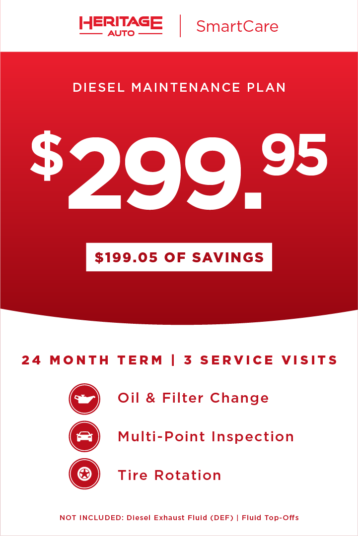 Heritage Auto Diesel Maintenance Plan for $299.95, including oil change, multi-point inspection, and tire rotation
